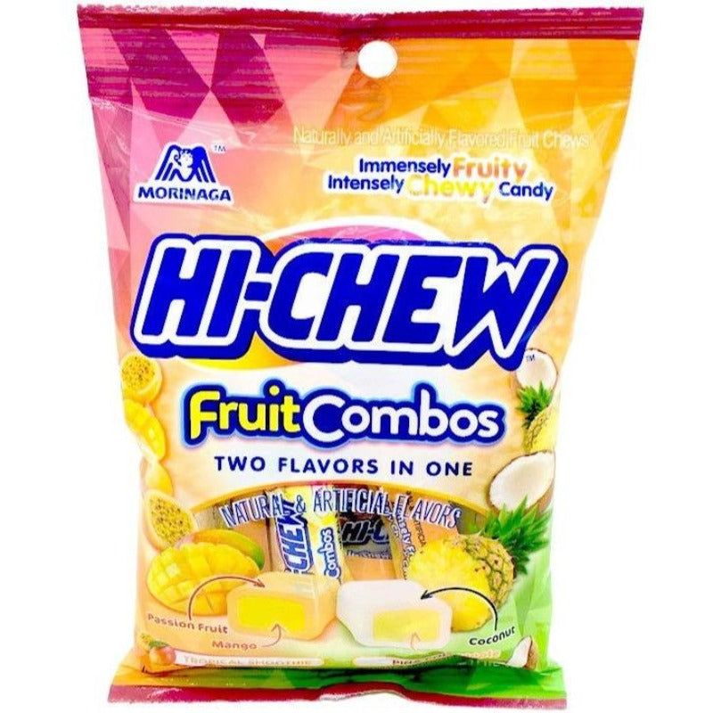 Morinaga Hi Chew Fruit Combos Chewy Candy with Passion Fruit Mango and Coconut Pineapple Front Packaging