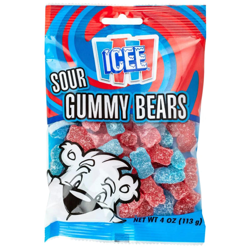Packaging of Icee Sour Gummy Bears with colorful design and character illustration.