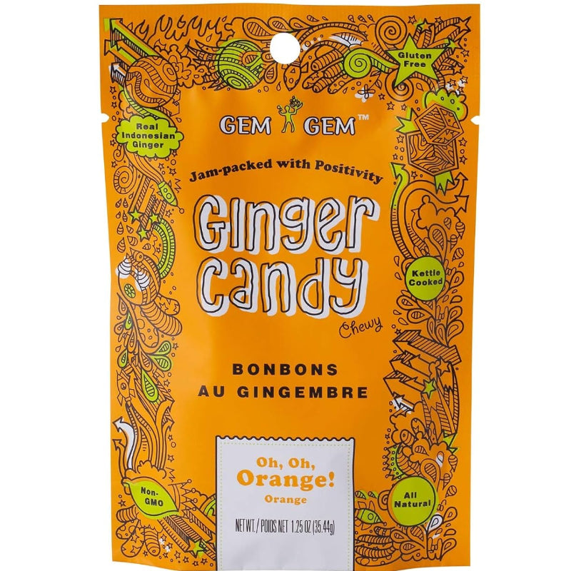 Orange packaging of Gem Gem Ginger Candy with decorative elements on a white background