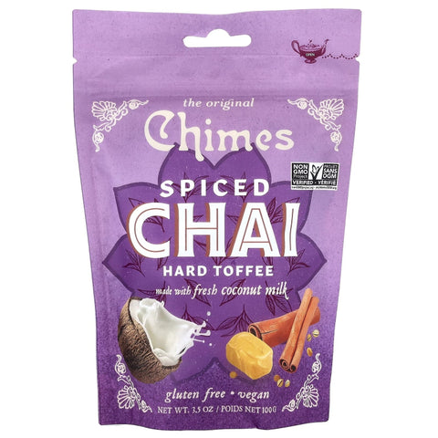 Purple package of Chimes Spiced Chai Hard Toffee with coconut, cinnamon, and toffee imagery.