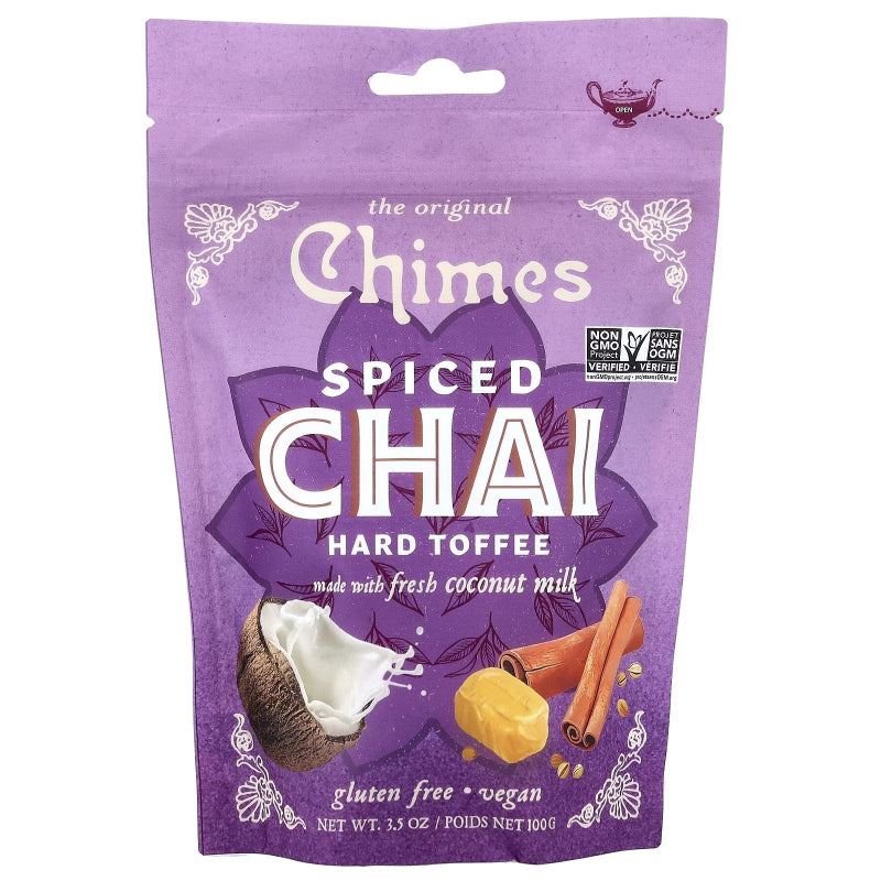 Purple package of Chimes Spiced Chai Hard Toffee with coconut, cinnamon, and toffee imagery.