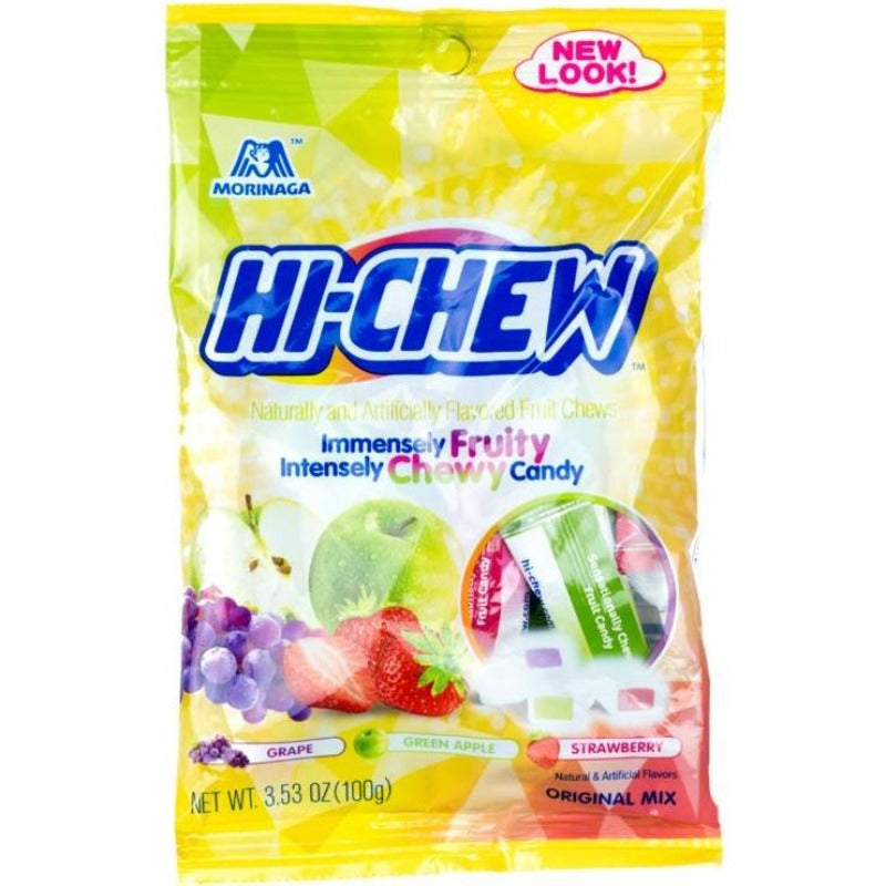 Morinaga Hi Chew Original Mix Bag Chewy Candy Strawberry, Green Apple, Grape Flavors, 3.53 oz Front Packaging 