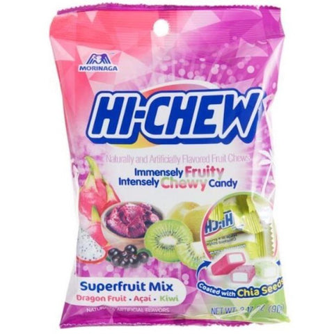 Morinaga Hi Chew Superfruit Mix Bag Chewy Candy Dragon Fruit, Acai, Kiwi Flavors, 3.17 oz Front Packaging