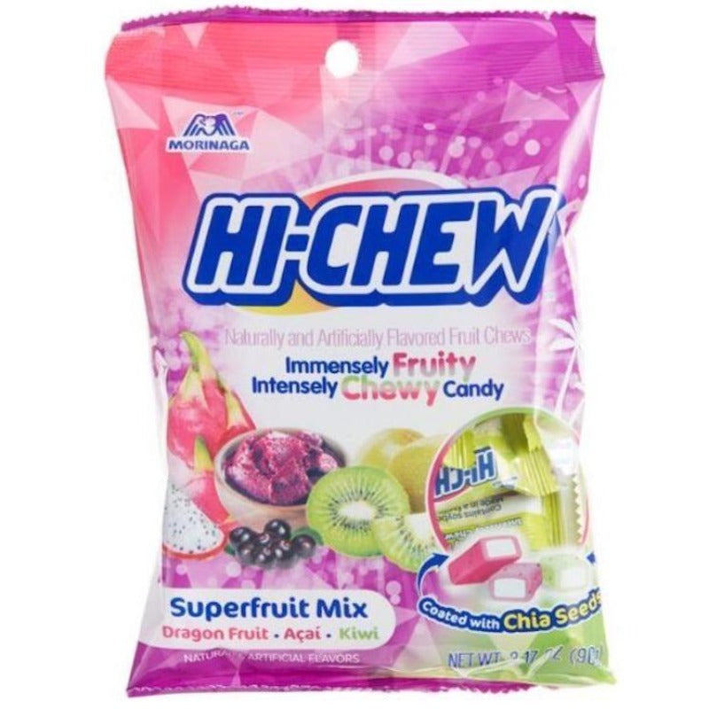 Morinaga Hi Chew Superfruit Mix Bag Chewy Candy Dragon Fruit, Acai, Kiwi Flavors, 3.17 oz Front Packaging