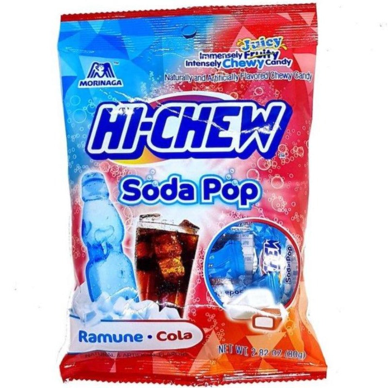Morinaga Hi Chew Soda Pop Bag Chewy Candy Cola, Ramune Soda Flavors 2.82 oz Front Packaging