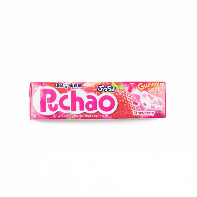 Uha Mikakuto Japan Puccho Puchao Chewy Candy Various Flavors, 10 Pieces Front Packaging Strawberry 