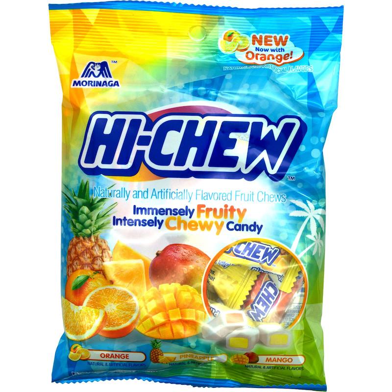 Morinaga Hi Chew Tropical Mix Bag Chewy Candy Orange, Pineapple, Mango Flavors, 3.53 oz Front Packaging