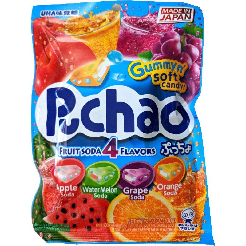 Uha Mikakuto Japan Puccho Puchao Mixed Fruit Fizzy Soda Grape Watermelon Orange Apple Chewy Candy with Flavor Crystals Chewy Uha  Front Packaging